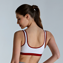 Load image into Gallery viewer, Deevaz Non-padded Cotton Rich Sports Bra in Burgundy Melange Colour Detailing.