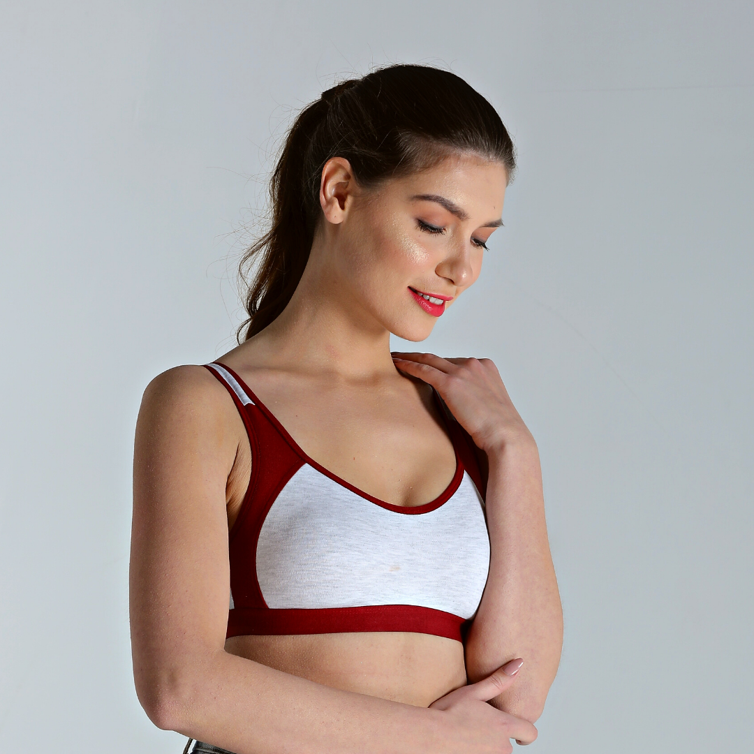 Deevaz Non-padded Cotton Rich Sports Bra in Burgundy Melange Colour Detailing.