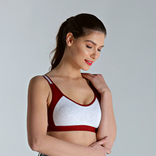 Load image into Gallery viewer, Deevaz Non-padded Cotton Rich Sports Bra in Burgundy Melange Colour Detailing.