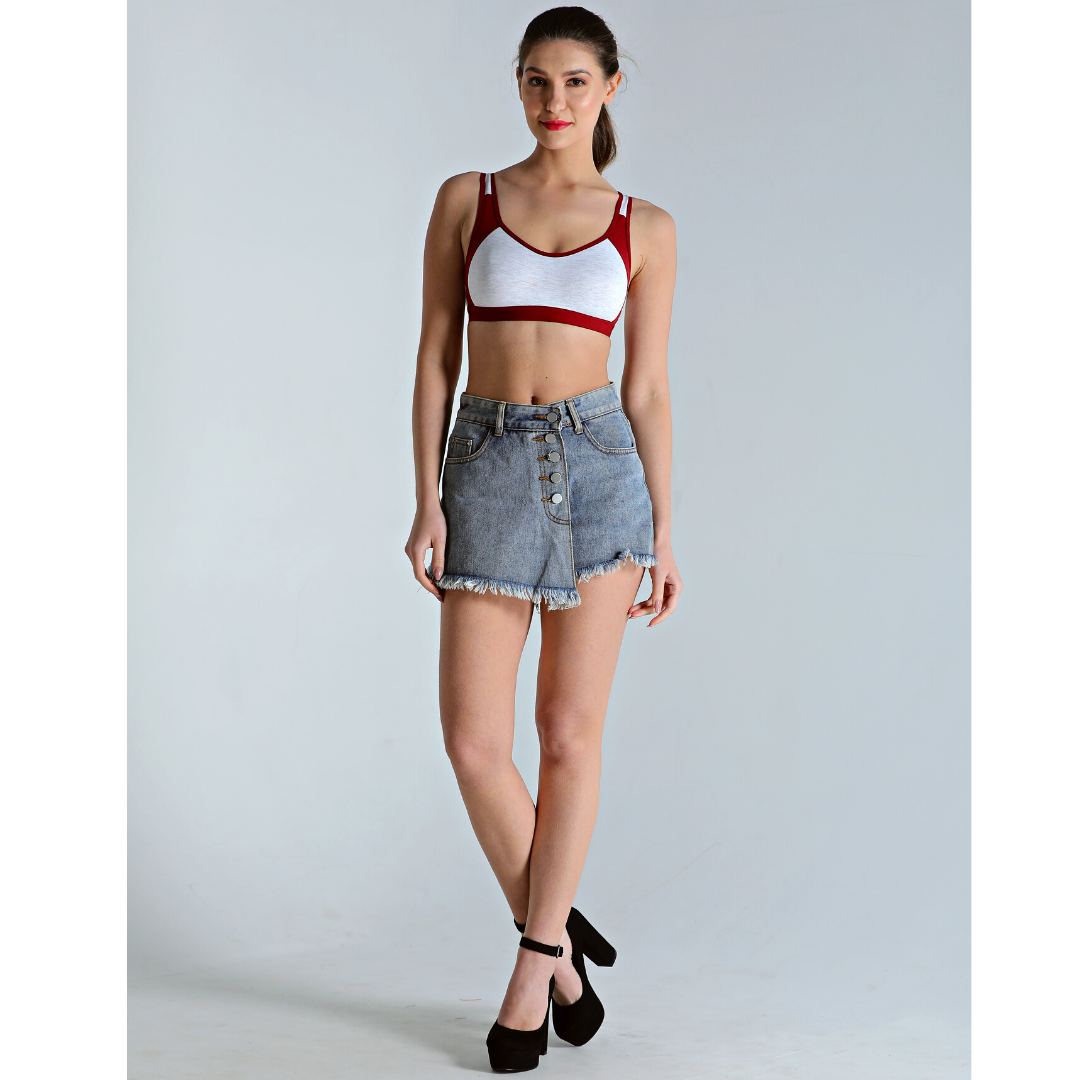 Deevaz Non-padded Cotton Rich Sports Bra in Burgundy Melange Colour Detailing.