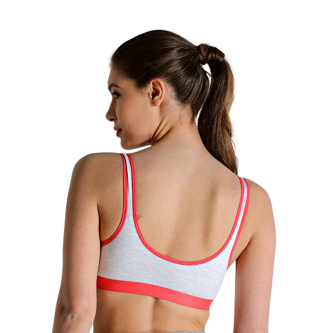 Deevaz Combo of 3 Non-Padded Cotton Rich Sports Bra In Orange, Burgundy & Blue Melange Colour Detailing.
