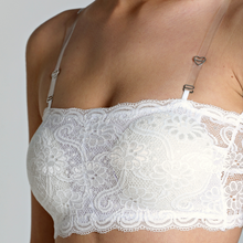 Load image into Gallery viewer, Deevaz White Padded Tube Bra In Poly-Lace Fabric With Removable Transparent Straps.