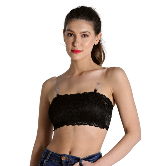 Deevaz Black Padded Tube Bra In Poly-Lace Fabric With Removable Transparent Straps.