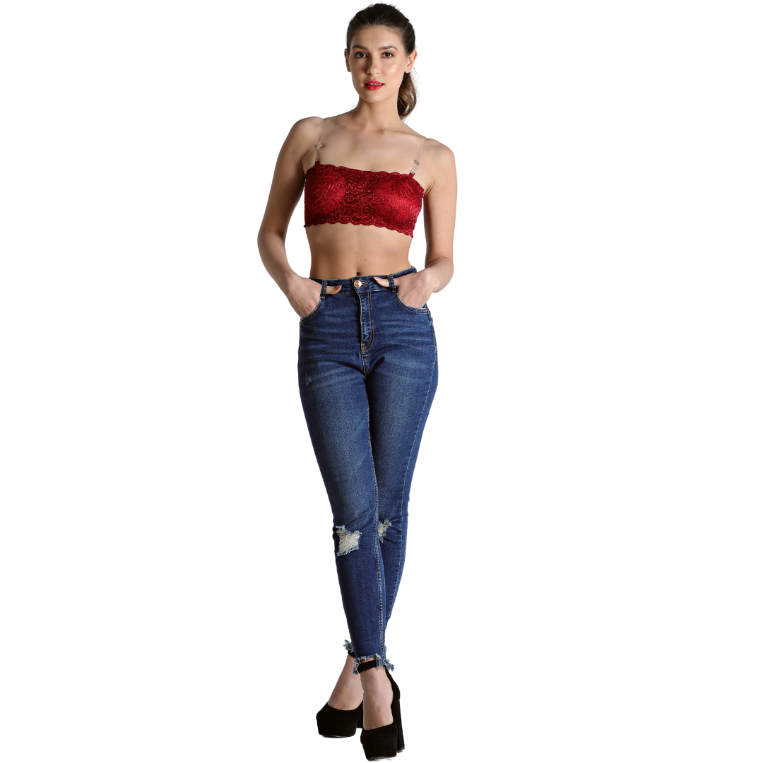 Deevaz Maroon Padded Tube Bra In Poly-Lace Fabric With Removable Transparent Straps.