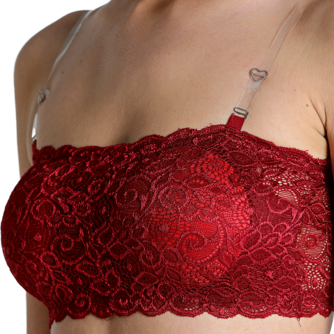 Deevaz Maroon Padded Tube Bra In Poly-Lace Fabric With Removable Transparent Straps.