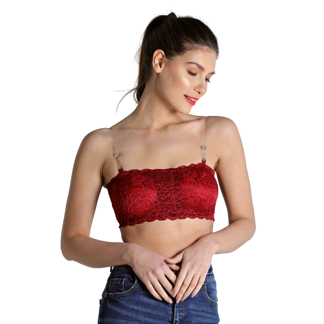 Deevaz Maroon Padded Tube Bra In Poly-Lace Fabric With Removable