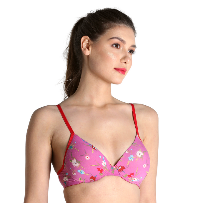 Deevaz Padded Women's Polyamide Full Coverage Push-up Bra in Pink Colour with Floral Print