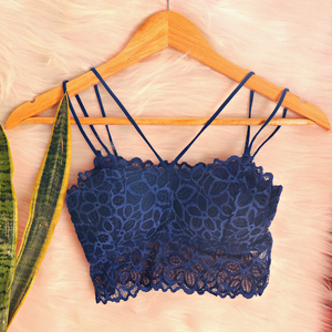Deevaz Padded non-wired Floral Lace Crop Bralette in Royal Blue Colour with Cross strap detailing.