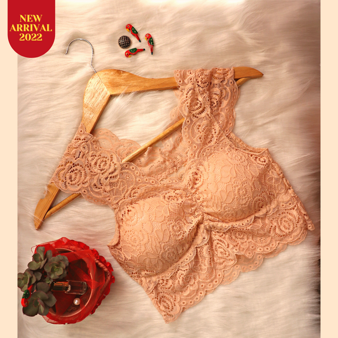 Deevaz Padded non-wired Floral Lace Crop Bralette in Beige Colour.