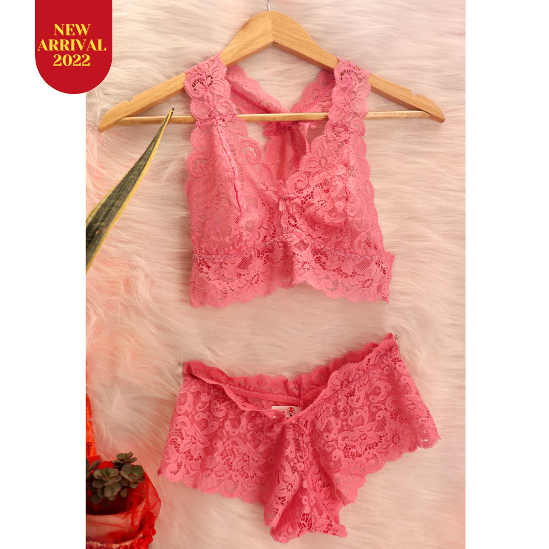 Deevaz Women's Non-padded Non-wired Bridal Lace Bralette & Brief set in Baby Pink Colour.