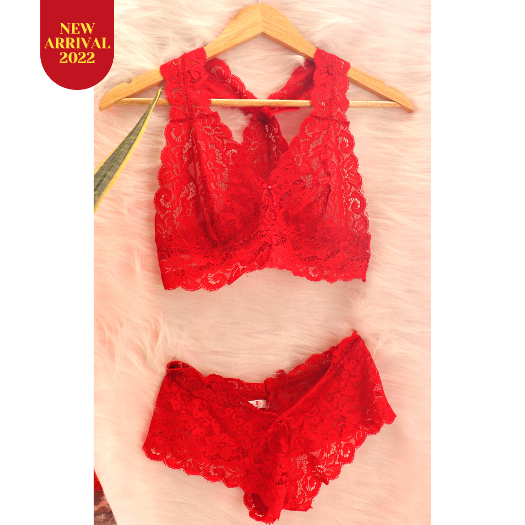 Deevaz Women's Non-padded Non-wired Bridal Lace Bralette & Brief set in  Cherry Red Colour.