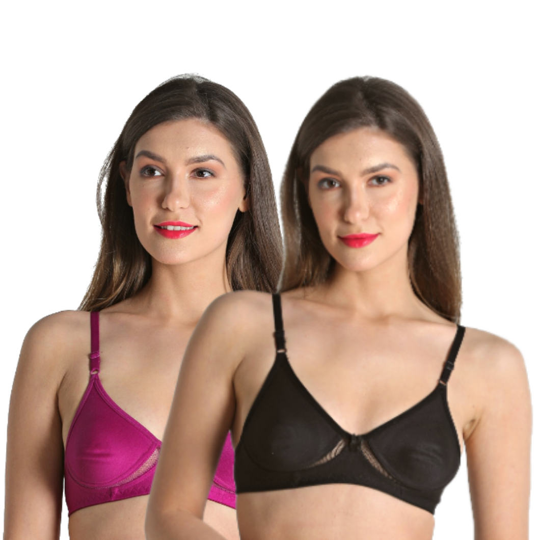 Deevaz Combo of 2 ( Black-Purple ) Breathable cotton Solid T-Shirt Bra With Mesh Detailing For Everyday Basics.