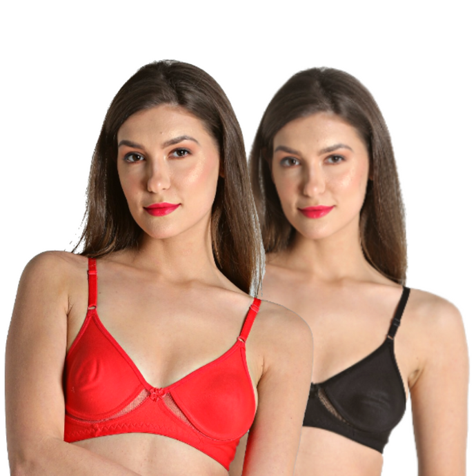 Deevaz Combo of 2 ( Black-Red ) Breathable cotton Solid T-Shirt Bra With Mesh Detailing For Everyday Basics.