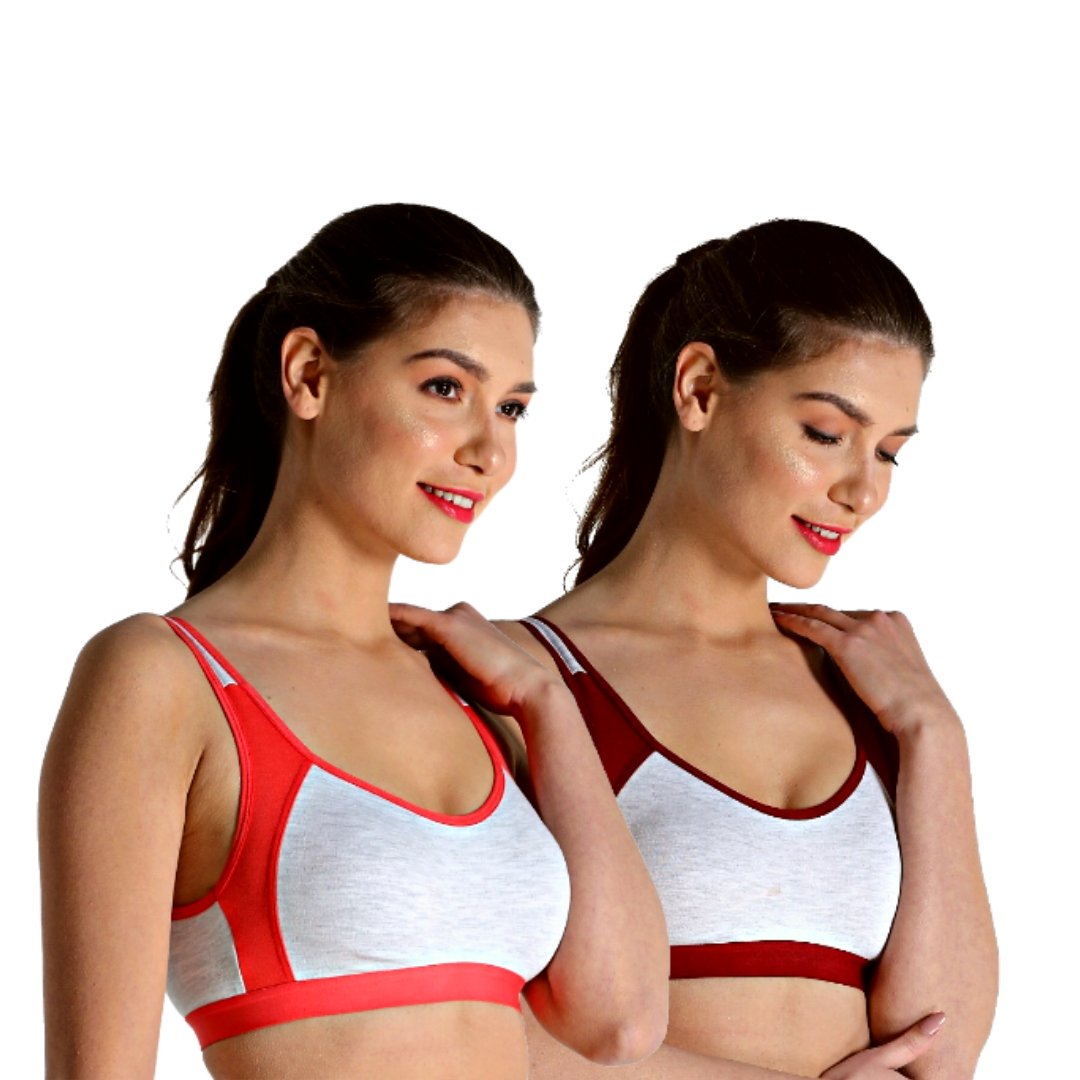 Deevaz Combo of 2 Non-Padded Cotton Rich Sports Bra In Burgundy & Orange Melange Colour Detailing.