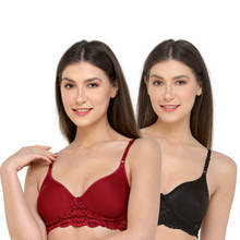 Load image into Gallery viewer, Deevaz Combo of 2 Maroon and Black Coloured Spacer Cup Light-Padded Non-Wired Full Coverage Lace Bras.