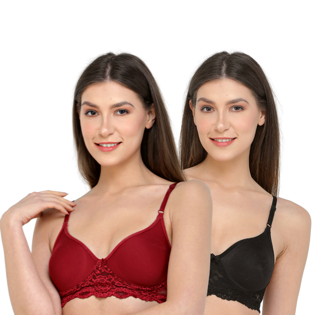 Deevaz Combo of 2 Maroon and Black Coloured Spacer Cup Light-Padded Non-Wired Full Coverage Lace Bras.