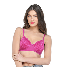 Load image into Gallery viewer, Deevaz Non-Wired Padded Full Coverage Bra In Pink Colour with lace detailing.