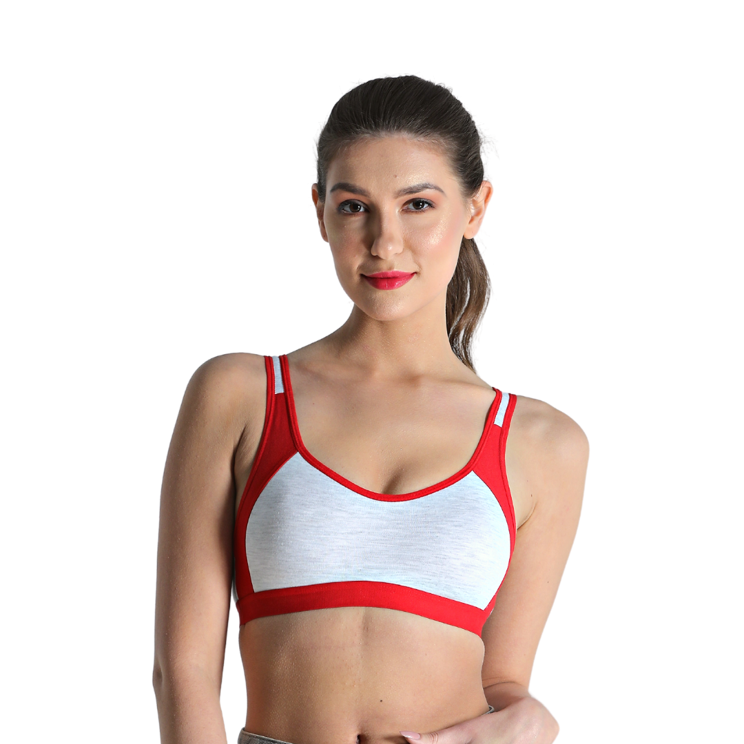 Deevaz Combo of 4 Non-Padded Cotton Rich Sports Bra In Red, Burgundy, Fuchsia & Orange Melange Colour Detailing.