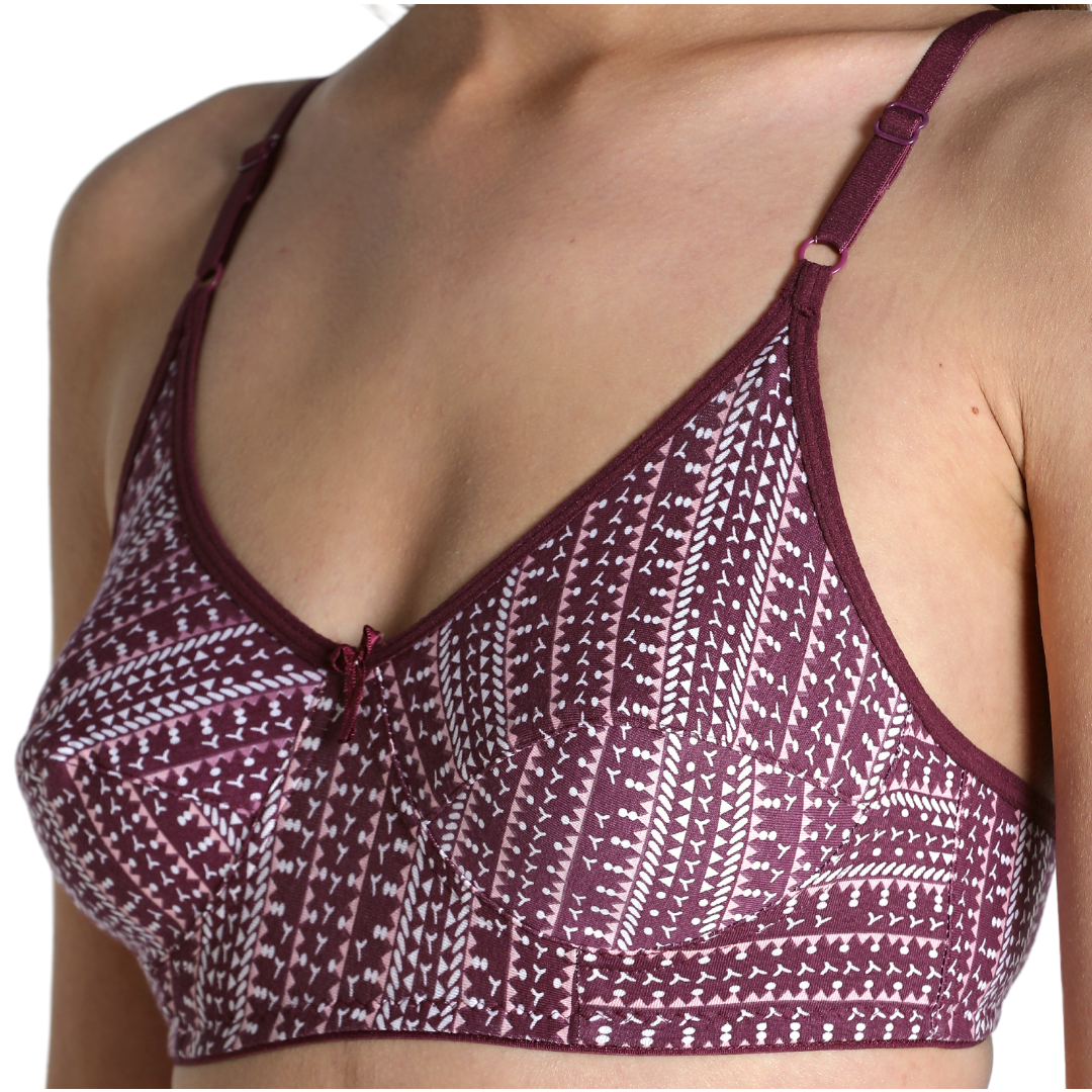 Deevaz Printed Cotton Everyday Non Padded Demi-cup Bra Combo of 3 in Grey Blue & Maroon