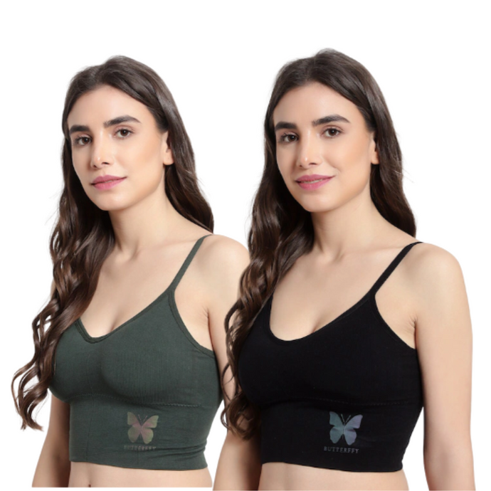 Deevaz Combo of 2 Medium Impact Padded non-wired Sports Bra in Olive & Black with Adjustable strap detailing.
