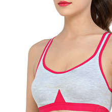 Load image into Gallery viewer, Deevaz Combo of 3 Non-Padded Cotton Rich Cross Back Sports Bra In Pink, Black &amp; Blue Melange Colour Detailing.