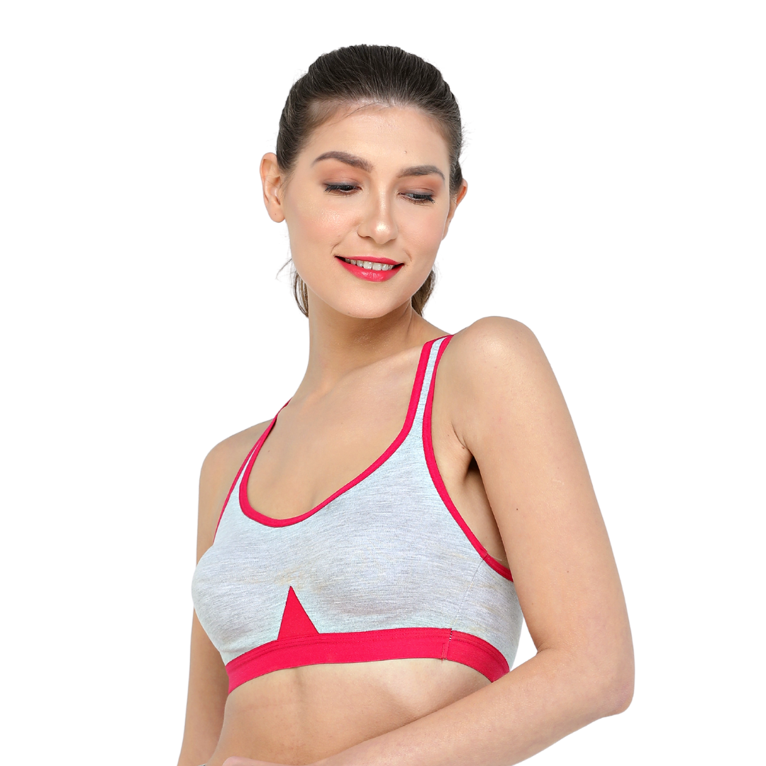 Deevaz Non-Padded Cotton Rich cross back Sports Bra In Hot-pink Melange Colour Detailing.