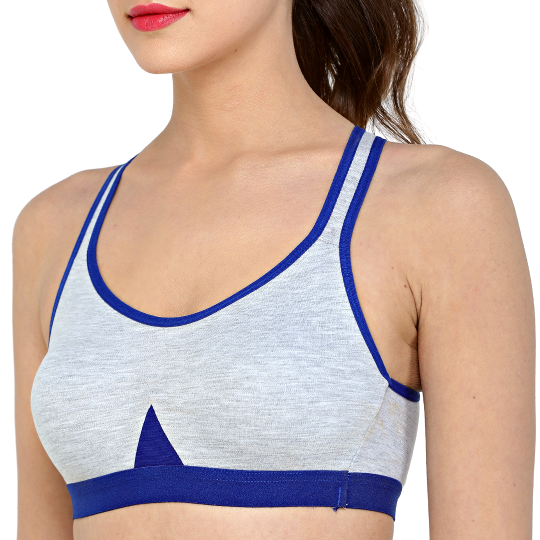 Deevaz Combo of 3 Non-Padded Cotton Rich Cross Back Sports Bra In Pink, Black & Blue Melange Colour Detailing.
