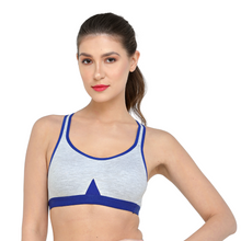 Load image into Gallery viewer, Deevaz Non-Padded Cotton Rich Cross Back Sports Bra In Blue Melange Colour Detailing.