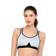 Load image into Gallery viewer, Deevaz Non-Padded Cotton Rich Cross Back Sports Bra In Black Melange Colour Detailing.