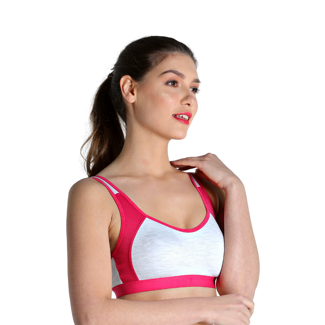 Deevaz Combo of 2 Non-Padded Cotton Rich Sports Bra In Fuchsia & Blue Melange Colour Detailing.