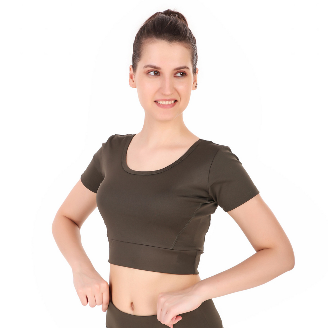 Deevaz Comfort Fit Active Crop T-shirt in Olive Green Colour.