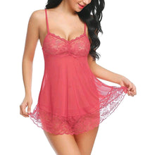 Load image into Gallery viewer, Deevaz Polyester Spandex &amp; Lace Floral Lingerie Baby doll Sleepwear in Carrot Pink Colour.