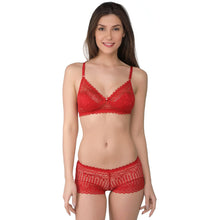 Load image into Gallery viewer, Deevaz Women&#39;s Non-padded Non-wired Bridal Lace Bra &amp; Brief set in Cherry Red Colour.