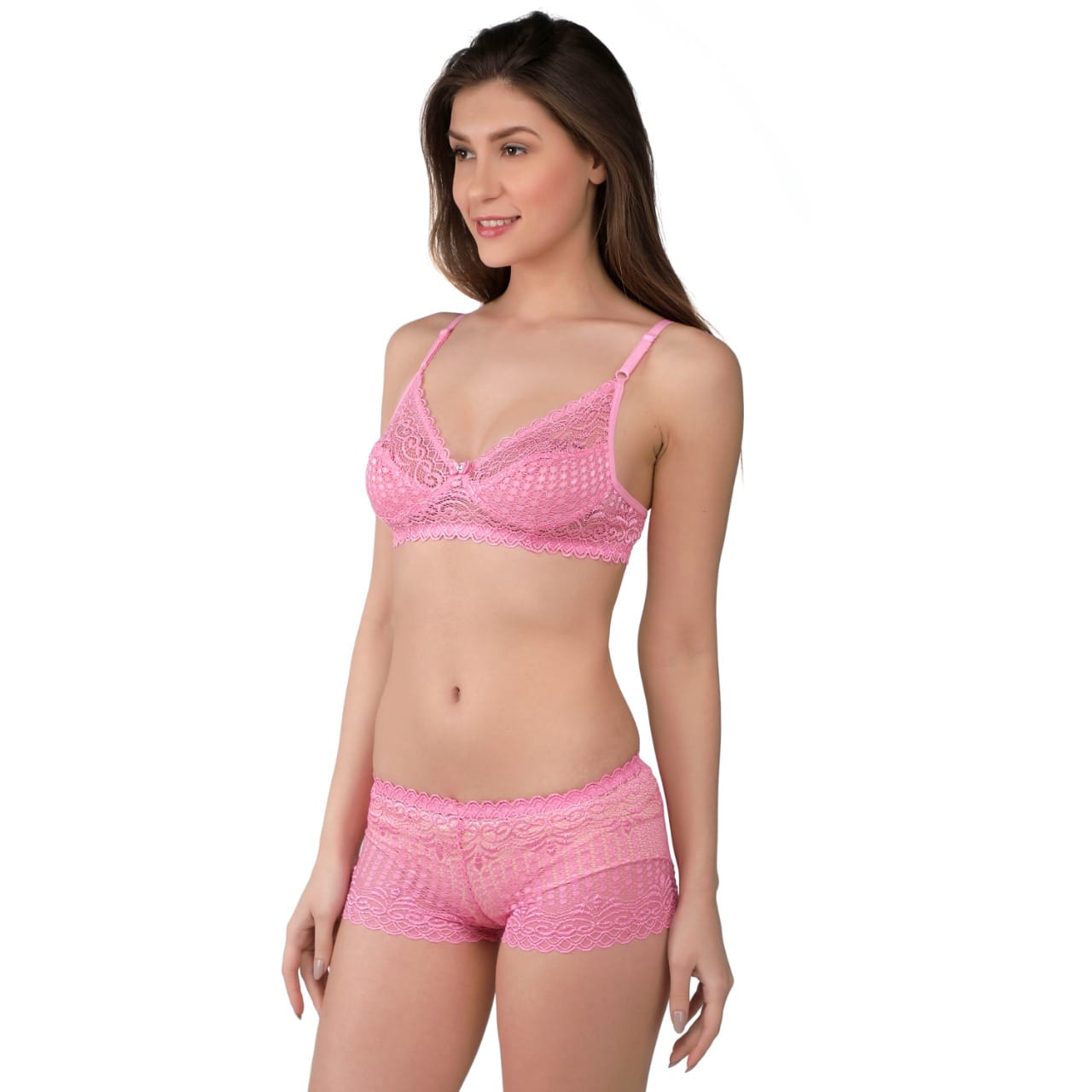 Deevaz Women's Non-padded Non-wired Bridal Lace Bra & Brief set in Baby Pink Colour.