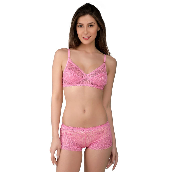 Deevaz Women's Non-padded Non-wired Bridal Lace Bra & Brief set in Baby Pink Colour.