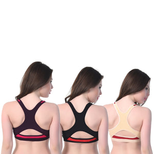 Deevaz Combo Of 3 Non-Padded Cotton Rich Racer Back Sports Bra with keyhole back detailing.