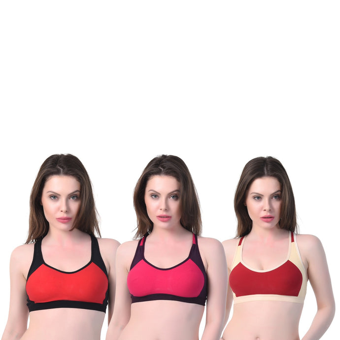 Deevaz Combo Of 3 Non-Padded Cotton Rich Racer Back Sports Bra with keyhole back detailing.