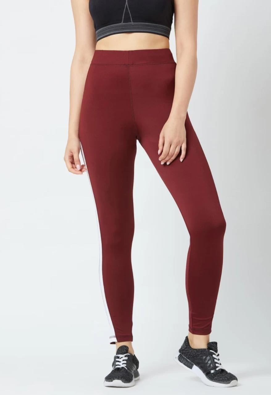 Deevaz Comfort & Snug Fit Active Ankle-Length Tights In Maroon Colour With Side Band Detailing.