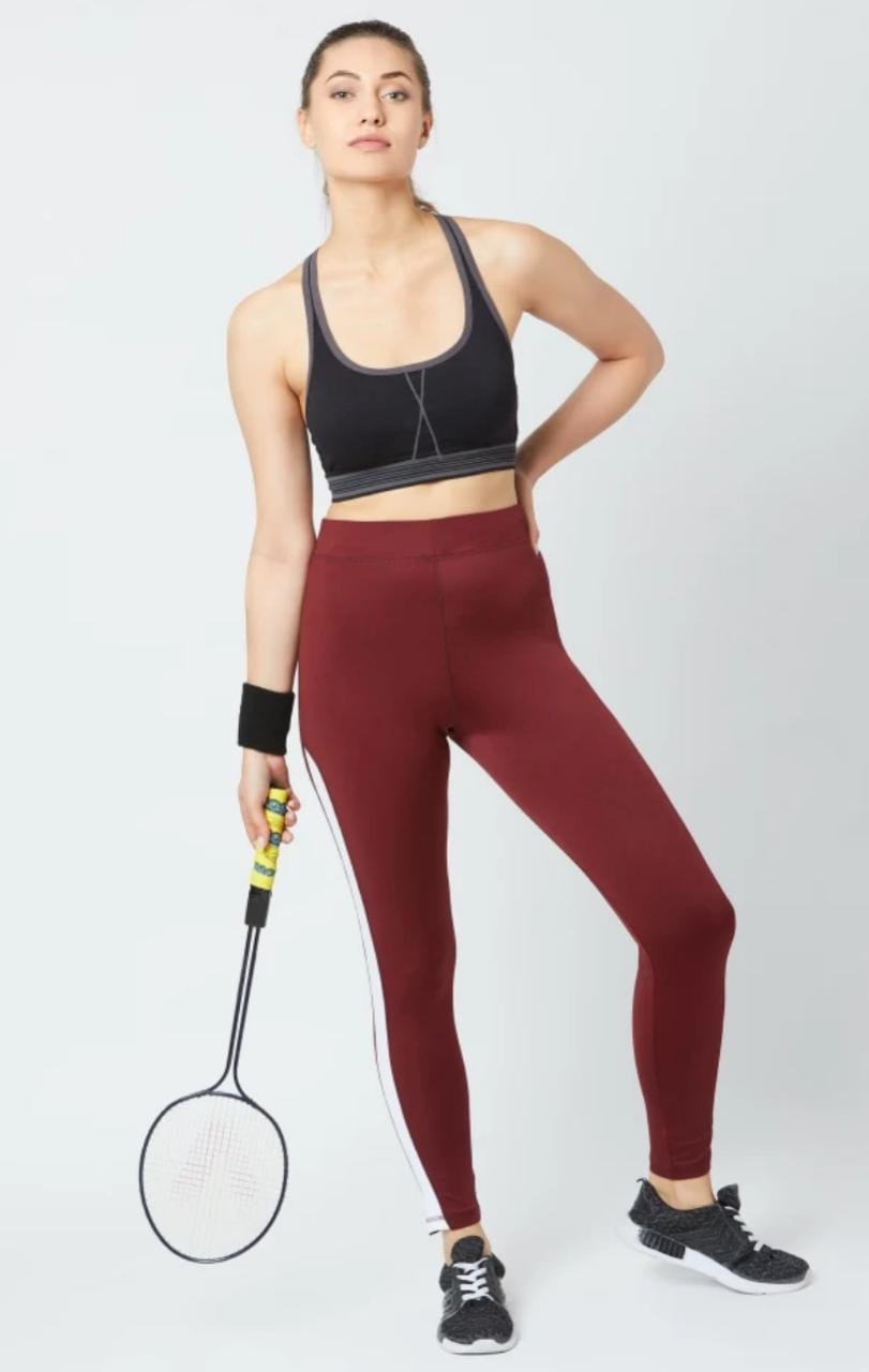 Deevaz Comfort & Snug Fit Active Ankle-Length Tights In Maroon Colour With Side Band Detailing.