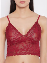 Load image into Gallery viewer, Deevaz Free Size Non-padded Floral Poly-Lace Bralette &amp; Panty Lingerie Set in Maroon Colour.