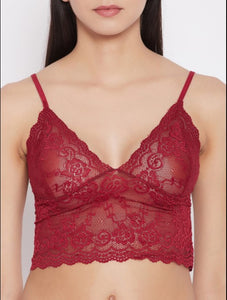 Deevaz Free Size Non-padded Floral Poly-Lace Bralette & Panty Lingerie Set in Maroon Colour.