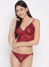 Load image into Gallery viewer, Deevaz Free Size Non-padded Floral Poly-Lace Bralette &amp; Panty Lingerie Set in Maroon Colour.