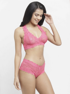 Deevaz Women's Non-padded Non-wired Bridal Lace Bralette & Brief set in Baby Pink Colour.