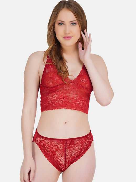 Deevaz Free Size Non-padded Bralette & Panty Lingerie Set in Red Colour.