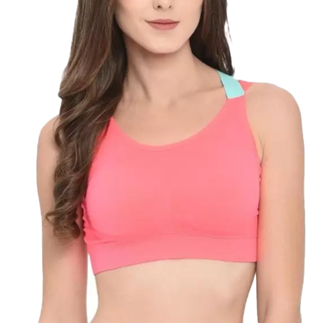 Deevaz Medium Impact Padded Non-Wired Sports Bra In Combo of 2 Carrot Pink & Black Colour With Neon Cross Back Strap Detailing.