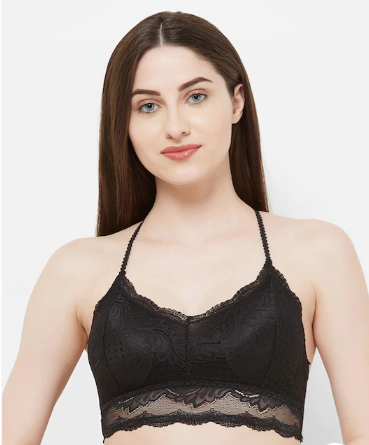 Deevaz Women Seamless Lace V-Neck Padded Bralette Spaghetti with Racer Chain Back Free Size (28 Till 34), Black