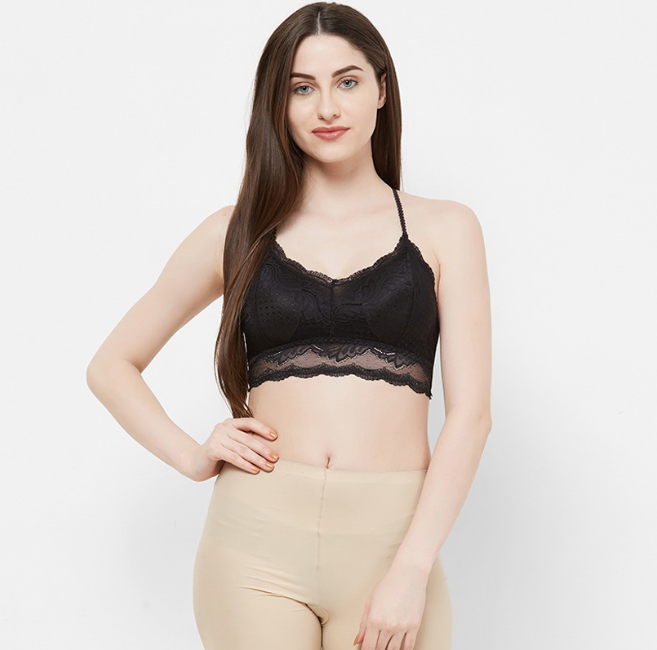 Deevaz Women Seamless Lace V-Neck Padded Bralette Spaghetti with Racer Chain Back Free Size (28 Till 34), Black