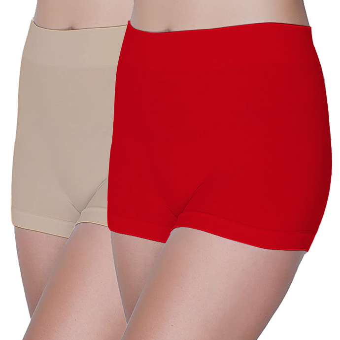 Deevaz Combo of 2 Mid Rise Full Coverage Seamless Boy Shorts In Skin & Red colour.