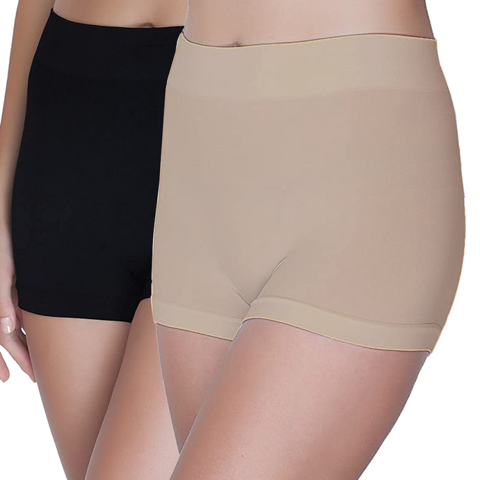 Deevaz Combo of 2 Mid Rise Full Coverage Seamless Boy Shorts In Black & skin colour.
