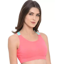 Load image into Gallery viewer, Deevaz Medium Impact Padded Non-Wired Sports Bra In Combo of 2 Carrot Pink &amp; Black Colour With Neon Cross Back Strap Detailing.
